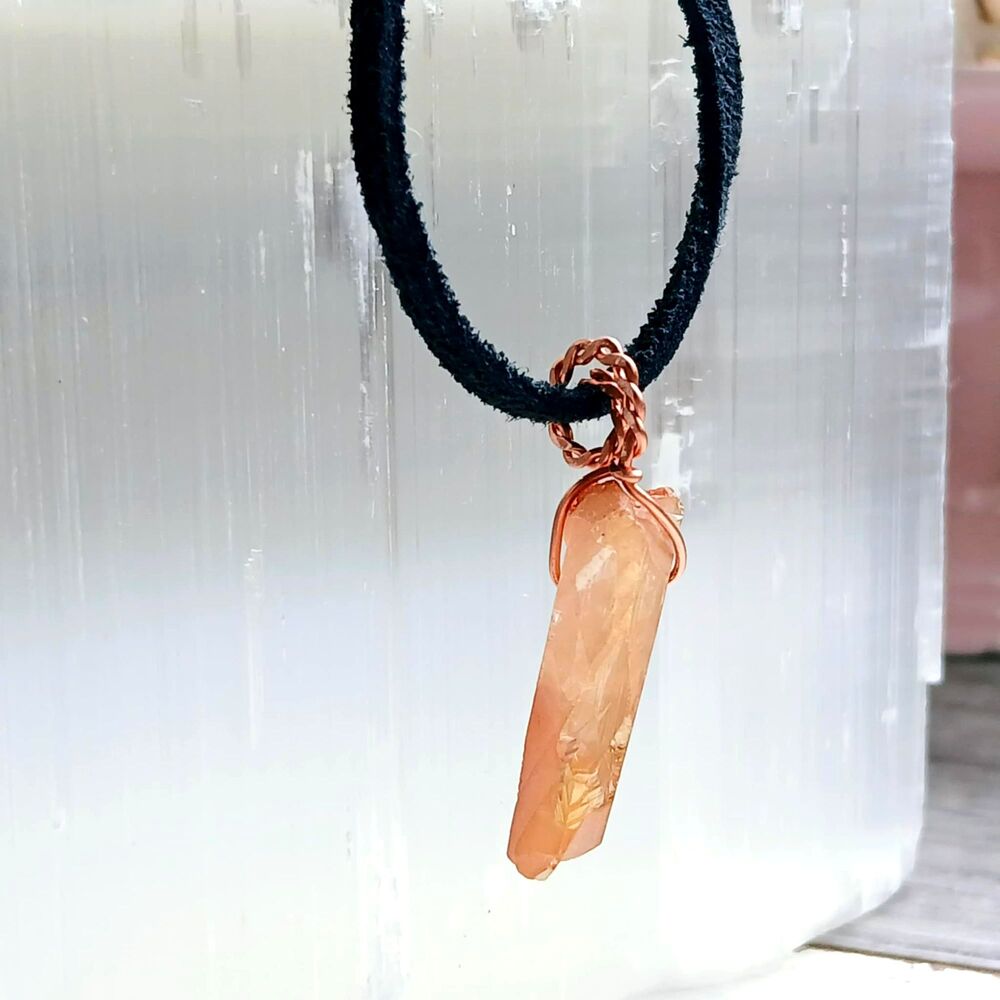 Aura Quartz Crystal Necklace, Suede Gemstone Necklace, Copper Pendant 16"
